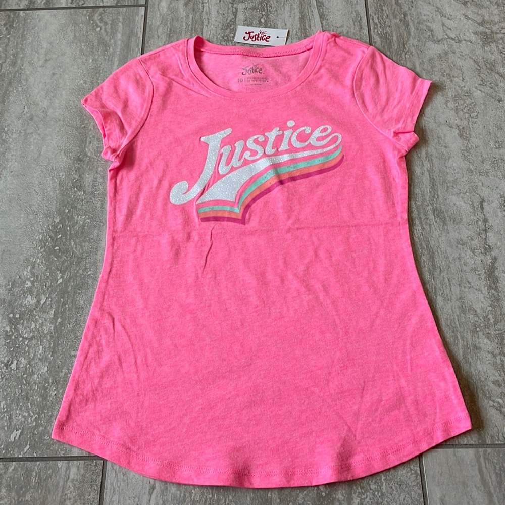 Justice round neck short sleeves with justice print for girls size 10,PINK